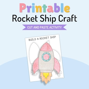 Könnte beinhalten: Ein druckbares Raketenschiff-Bastelblatt mit dem Text Printable Rocket Ship Craft und Cut and Paste Activity. Die Seite zeigt eine Build a Rocket Ship-Vorlage mit einer farbigen Raketenillustration in den Farben Rosa, Grau und Gelb.