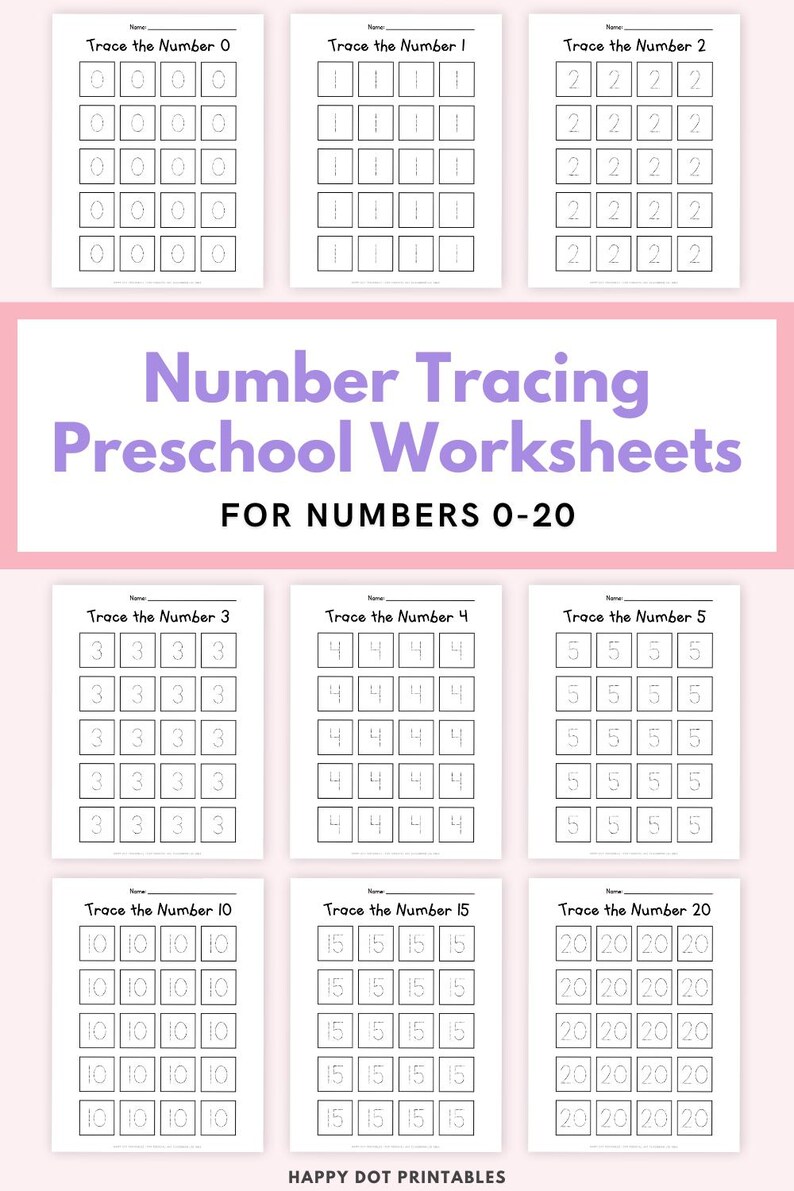 21 Number Tracing Practice Sheets 0-20, Pre-k Printable, Preschool ...