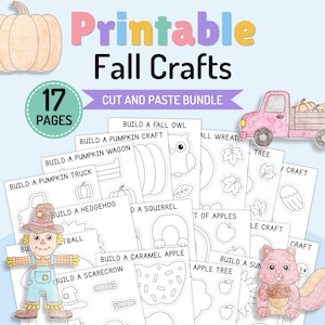 May include: A 17-page printable fall crafts cut and paste bundle featuring black and white activity sheets with outlines of a scarecrow, pumpkin, owl, squirrel, and truck. Includes colorful illustrations of a scarecrow and a squirrel.