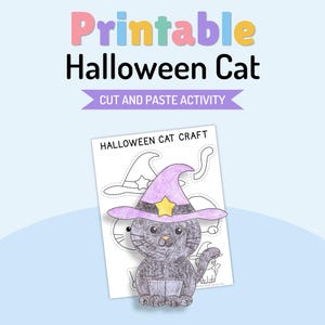 Op de afbeelding: Een printbaar Halloween kat knutselblad met de tekst Printable Halloween Cat en Cut and Paste Activity. De pagina toont een zwarte kat met een paarse heksenhoed met een gele ster, samen met stippellijnen voor het uitknippen van onderdelen.