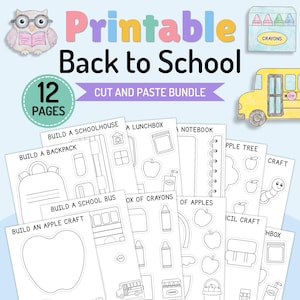 Puede incluir: Un paquete imprimible de recortar y pegar Back to School con 12 páginas de hojas de actividades en blanco y negro. El conjunto incluye ilustraciones de un búho, una caja de crayones y un autobús escolar, con plantillas para manualidades.