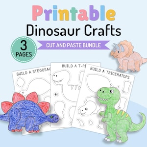 May include: A printable dinosaur craft bundle featuring three pages with cut and paste activities. The sheets include outlines for building a Stegosaurus, a T-Rex, and a Triceratops, accompanied by coloured examples of each completed dinosaur figure.