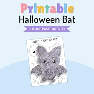 Pode incluir: Uma folha de atividade imprimível de recortar e colar de um morcego de Halloween com o texto "Printable Halloween Bat", "CUT AND PASTE ACTIVITY" e "BUILD A BAT CRAFT". A página mostra um morcego cinza colorido com olhos grandes.