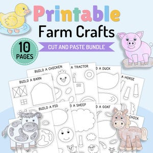 May include: A printable farm crafts cut and paste bundle featuring 10 pages of black and white outlines for building animals like a chicken, pig, sheep, goat, and horse, with colorful illustrations of a yellow duck and a pink pig included.