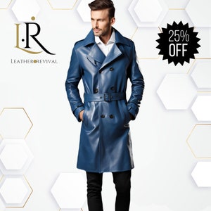 Blue leather trench coat best sale