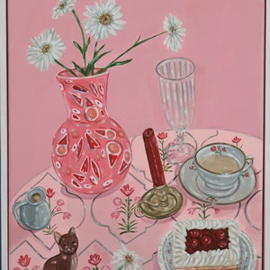 Pintura de natureza morta de chá e bolo - arte acrílica original em tela, 44 cm x 32 cm, emoldurada, sobremesa, decoração de cozinha, presente de arte alimentar
