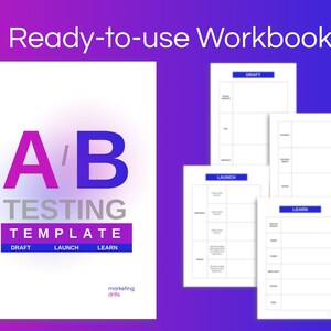 Op de afbeelding: Een werkboek met de titel "A/B-testtemplate" met secties voor "Concept", "Lanceer" en "Leer". Het werkboek is ontworpen om te helpen bij A/B-testen.