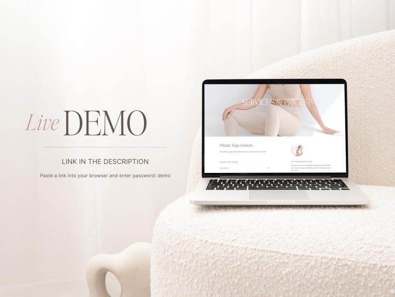 May include: A laptop computer displaying a website with the text "Services & Prices" and "Private Yoga Sessions". The website is on a white background.