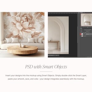 May include: A mockup of a living room interior with a white sofa, a wooden coffee table, and a floral wallpaper. The image shows how to use a Photoshop Smart Object to insert your own design into the mockup.