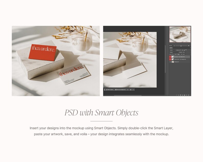 May include: A mockup featuring two business cards with the text "thezardiere" in a modern font. One card is red, the other is white. The cards are on a light-colored, textured surface. The image also includes a vase with dried plants and a Photoshop interface.