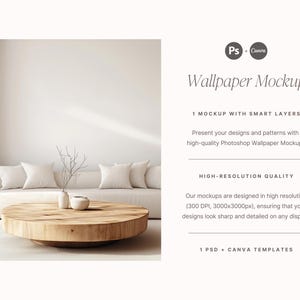 May include: A mockup of a living room featuring a white sofa, two white cushions, a wooden coffee table, and a vase with a small branch. The wall is white with a light source shining through the window. The text "Wallpaper Mockup" is at the top of the image.