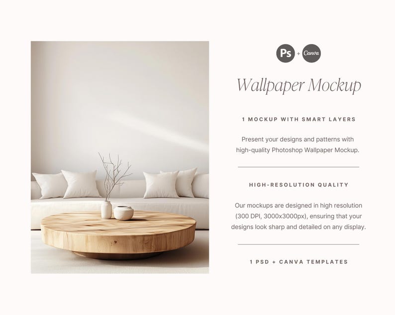 May include: A mockup of a living room featuring a white sofa, two white cushions, a wooden coffee table, and a vase with a small branch. The wall is white with a light source shining through the window. The text "Wallpaper Mockup" is at the top of the image.