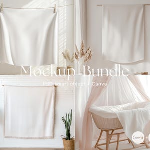 May include: A mockup bundle featuring three different blank canvases for displaying designs. The canvases are in various sizes and styles, including a hanging tapestry, a wall-mounted canvas, and a draped fabric. The mockup bundle is perfect for showcasing artwork, photography, or other creative projects.