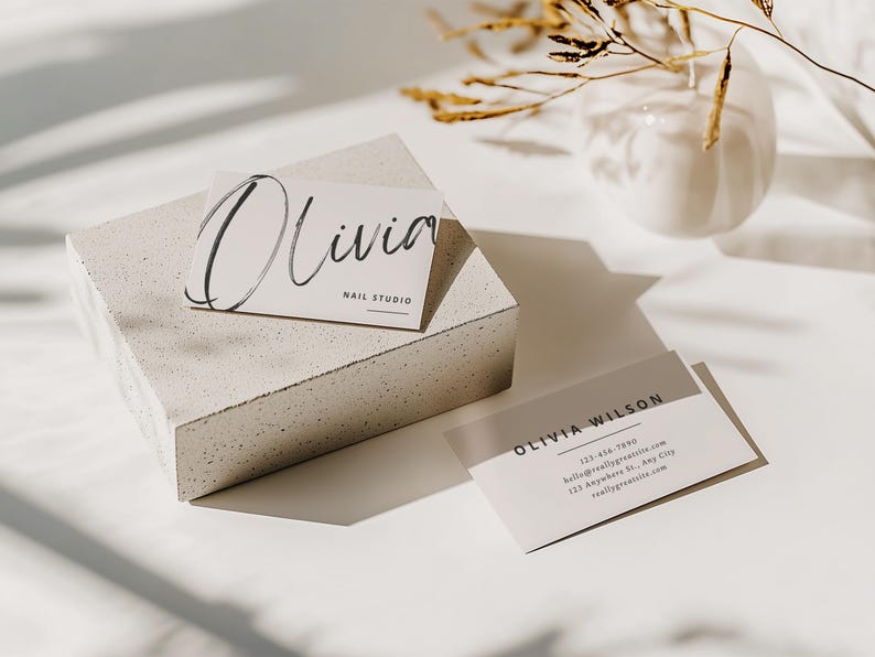 May include: Two business cards with the names "Olivia" and "Olivia Wilson" printed on them. The "Olivia" card is on a concrete block. The "Olivia" card says "Nail Studio". The "Olivia Wilson" card has contact information. A white vase and dried plants are in the background.