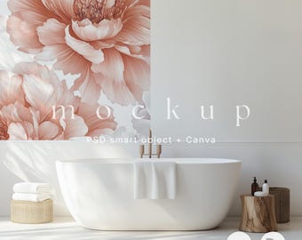 May include: A white bathtub with a white towel on the edge, a wooden stool with two bottles and a white container on top, and a wicker basket with white towels on the floor. The wall behind the bathtub has a floral wallpaper with large pink flowers.