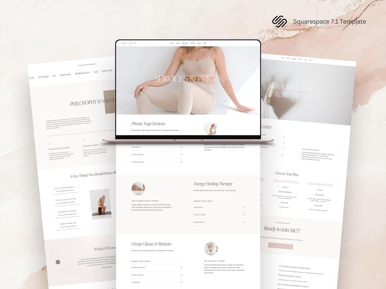 May include: A website for a yoga and energy healing studio. The website features a photo of a woman in a beige tank top and a brown belt, sitting in a yoga pose. The text "Services & Prices" is displayed above the photo. The website also includes sections for "Philosophy & Values", "Private Yoga Sessions", "Energy Healing Therapy", "Group Classes & Retreats", and "Choose Your Plan".