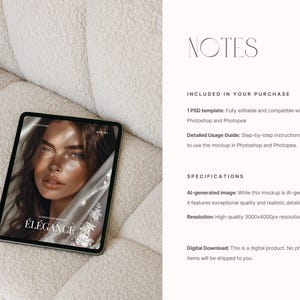 May include: A digital mockup of a tablet computer displaying a magazine cover with the word "&Eacute;L&Eacute;GANCE" in a stylized font. The cover features a woman with a veil over her face, and the background is a soft, white, textured surface.
