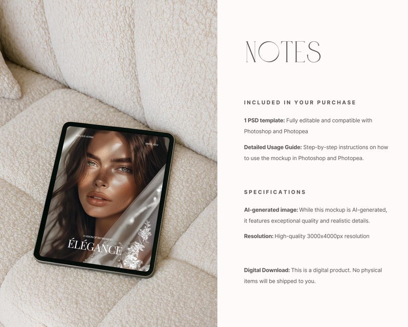 May include: A digital mockup of a tablet computer displaying a magazine cover with the word "&Eacute;L&Eacute;GANCE" in a stylized font. The cover features a woman with a veil over her face, and the background is a soft, white, textured surface.
