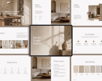 Modello di presentazione per interior design, proposta di interior design su Canva, presentazione al cliente, modello per interior designer, formato A4 16:9 Letter