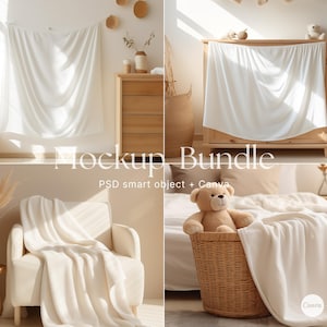 May include: A mockup bundle featuring four different scenes with white blankets and throws. The scenes include a bedroom, a living room, and a chair. The blankets are all white and have a soft, fluffy texture. The scenes are all well-lit and have a warm, inviting feel.