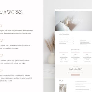 May include: A website screenshot showing a step-by-step guide on how to use a Squarespace template. The website is for group cleanses and retreats. The text on the website reads "Group Cleanses & Retreats", "What's Included", "Choose Your Plan", "Ready to Join Me??", and "FAQ".