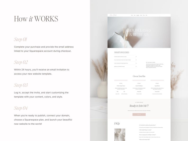 May include: A website screenshot showing a step-by-step guide on how to use a Squarespace template. The website is for group cleanses and retreats. The text on the website reads "Group Cleanses & Retreats", "What's Included", "Choose Your Plan", "Ready to Join Me??", and "FAQ".