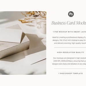 May include: A business card mockup featuring a white card on a textured, light gray block. The image includes dried floral elements and the text "Business Card Mockup" and "1 Photoshop Template".