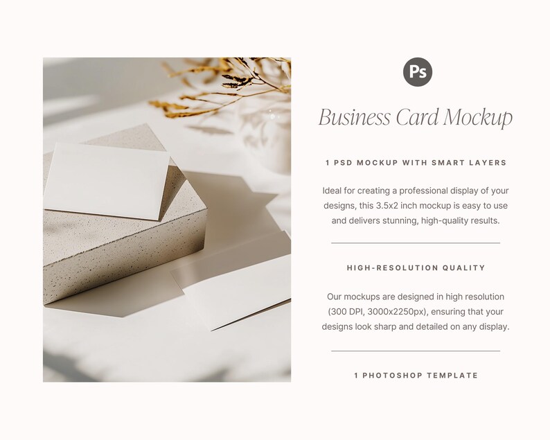 May include: A business card mockup featuring a white card on a textured, light gray block. The image includes dried floral elements and the text "Business Card Mockup" and "1 Photoshop Template".