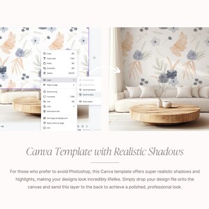 May include: A Canva template featuring a floral pattern background. The template includes a white sofa and a wooden coffee table. The image demonstrates how to add a realistic shadow effect to a design.
