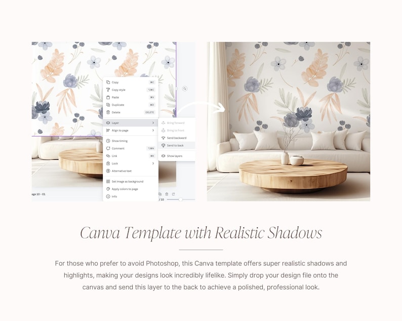 May include: A Canva template featuring a floral pattern background. The template includes a white sofa and a wooden coffee table. The image demonstrates how to add a realistic shadow effect to a design.