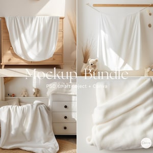 May include: A mockup bundle of white fabric bedding for a nursery. The bundle includes a fitted sheet, a blanket, and a throw pillow. The fabric is soft and plush, and the colors are neutral and calming. The image includes the text "Mockup Bundle PSD, smart object + Canva".