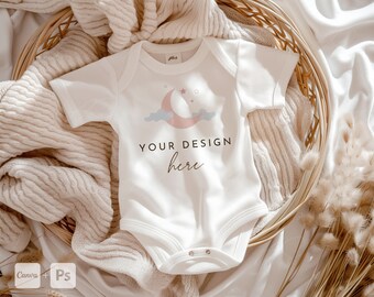 White baby bodysuit mockup, Boho baby t-shirt mockup, White Rabbit Skins mockup, Infant bodysuit Canva mockup, Baby clothes mockup PSD
