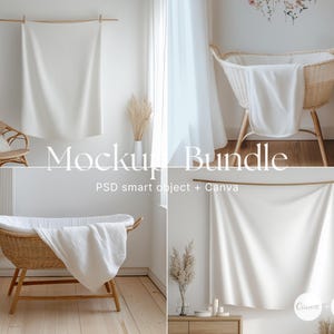 May include: A mockup bundle featuring four white fabric panels, two hanging on a wall and two on a wooden rod. The panels are perfect for displaying designs or text. The bundle includes PSD smart objects and Canva templates.