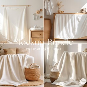 May include: A mockup bundle of four white blankets, two on a bed with a wooden headboard and two on a wooden floor. The blankets are arranged in different ways, showing how they can be used in a variety of settings. The blankets are all made of a soft, comfortable fabric and are perfect for adding a touch of warmth and style to any room.