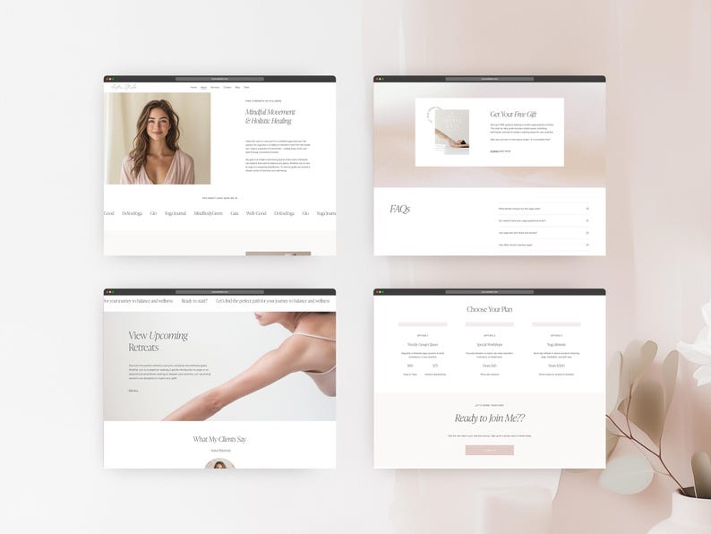 May include: Website screenshot showing a woman in a pink shirt, a woman in a yoga pose, and a pricing table for a wellness retreat. The website text includes "Mindful Movement & Holistic Healing", "View Upcoming Retreats", "Choose Your Plan", and "Ready to Join Me??".