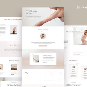 May include: A website homepage for a yoga studio featuring images of yoga poses, testimonials, and details about private sessions and retreats.
