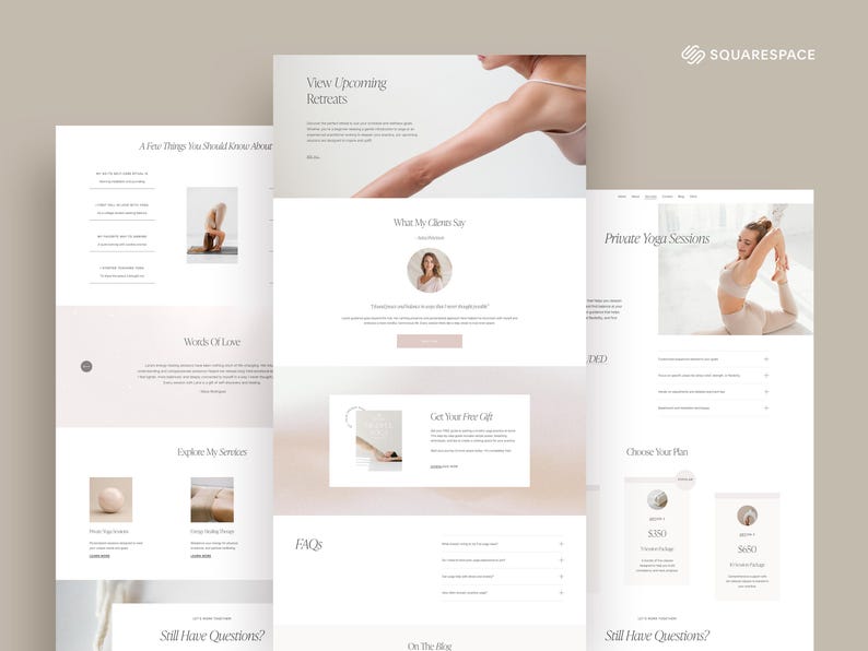 May include: A website homepage for a yoga studio featuring images of yoga poses, testimonials, and details about private sessions and retreats.
