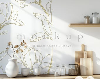 Mockup di carta da parati, Mockup di parete vuota, Mockup di sala da pranzo, Mockup di interni, Mockup di arte murale, Mockup di parete vuota Canva, Mockup di interni di casa