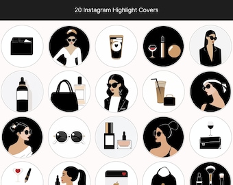 Könnte beinhalten: Zwanzig schwarze und weiße Instagram-Highlight-Cover mit verschiedenen Illustrationen, darunter eine Frau mit Sonnenbrille, ein Glas Wein, ein Make-up-Pinsel und eine Handtasche.