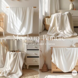 May include: A mockup bundle of white blankets and throws displayed on various surfaces, including a wooden dresser, a white shelf, and a wooden table. The image includes the text "Mockup Bundle PSD smart object + Canva".