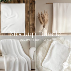May include: A mockup bundle featuring four different scenes. The scenes include a white blanket draped over a chair, a white blanket hanging on a wooden rod, a white blanket on a faux fur rug, and a white blanket on a wooden surface. The text "Mockup Bundle" is displayed.