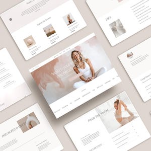 May include: Website screenshots for a yoga studio. The website features images of a woman practicing yoga, a description of the studio's philosophy, and information about private yoga sessions and group classes.