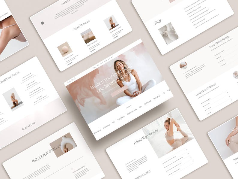 May include: Website screenshots for a yoga studio. The website features images of a woman practicing yoga, a description of the studio's philosophy, and information about private yoga sessions and group classes.