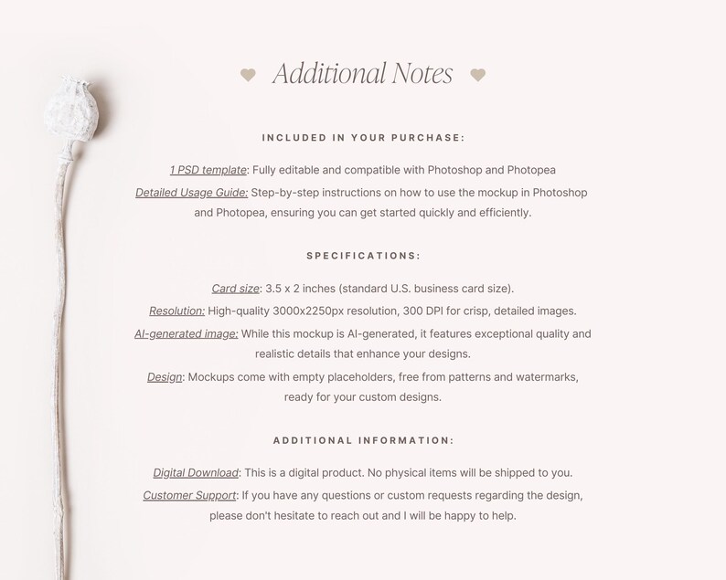 May include: A digital product mockup with text including "Additional Notes", "Card size: 3.5 x 2 inches", and "Digital Download". The image is on a cream background with a white floral element.