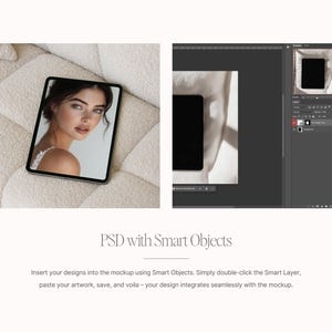 May include: A mockup of a tablet computer on a white fluffy surface. The tablet screen displays a photo of a woman with a neutral expression. The mockup is designed to be used for showcasing designs and artwork.