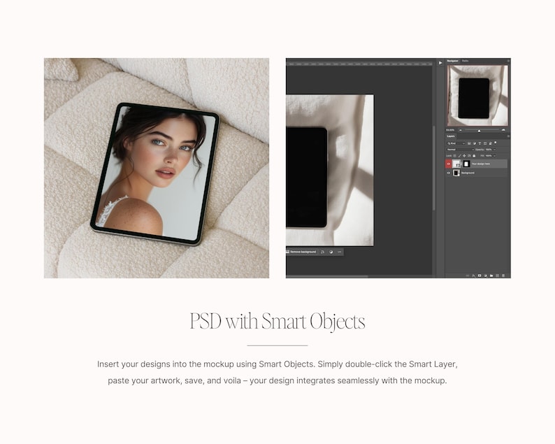 May include: A mockup of a tablet computer on a white fluffy surface. The tablet screen displays a photo of a woman with a neutral expression. The mockup is designed to be used for showcasing designs and artwork.