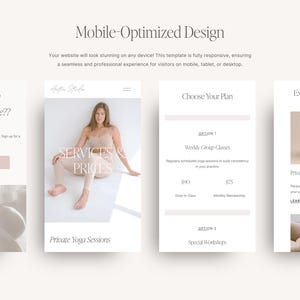 May include: A website mockup for a yoga studio, featuring a woman in a yoga pose, a pricing table for yoga classes, and a section to explore services. The website is designed to be mobile-friendly.
