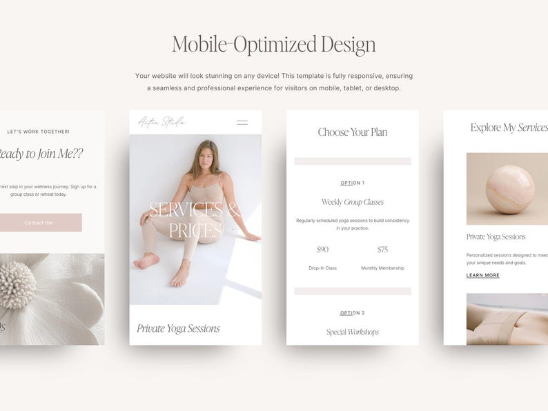May include: A website mockup for a yoga studio, featuring a woman in a yoga pose, a pricing table for yoga classes, and a section to explore services. The website is designed to be mobile-friendly.