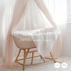 May include: A light-colored wicker bassinet with a white blanket and a draped canopy. The text "mockup" is displayed across the top of the bassinet, with "PSD smart object + Canva" below. The bassinet is on a wooden frame.