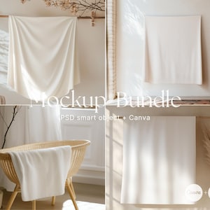 May include: A mockup bundle of four white fabric panels, perfect for showcasing your designs. The panels are hung on a wooden rod and displayed in a variety of settings, including a wicker basket and a white wall. The text "Mockup Bundle" and "PSD smart object + Canva" is visible in the image.